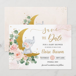 Whimsical Baby Elephant Crescent Moon Blush Bloral Save The Date