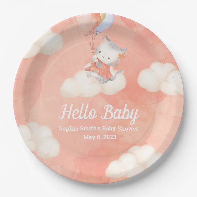 Whimsical Baby Shower, Baby Girl, Kitten Pappteller (Vorderseite)