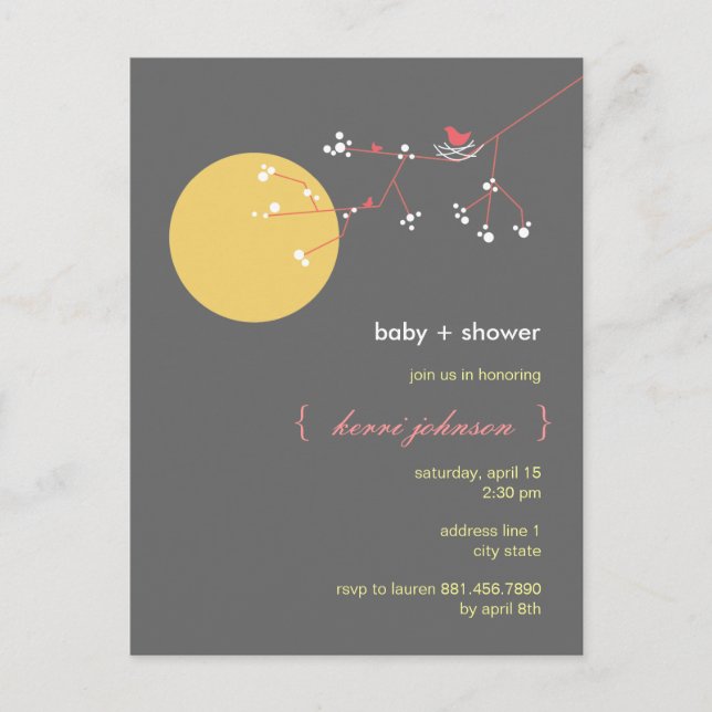 Whimsical Baby Shower Nesting Bird Family Tree Einladungspostkarte (Vorderseite)