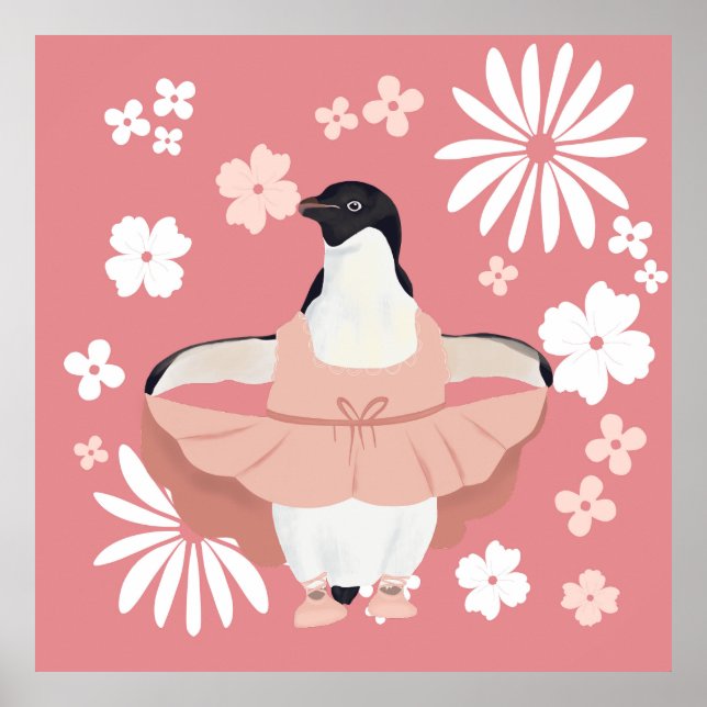 Whimsical Ballerina Pinguin mit rosa Blume Poster (Vorne)