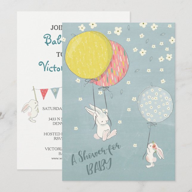 Whimsical Balloon Bunny Rabbits Babydusche Einladung (Vorne/Hinten)