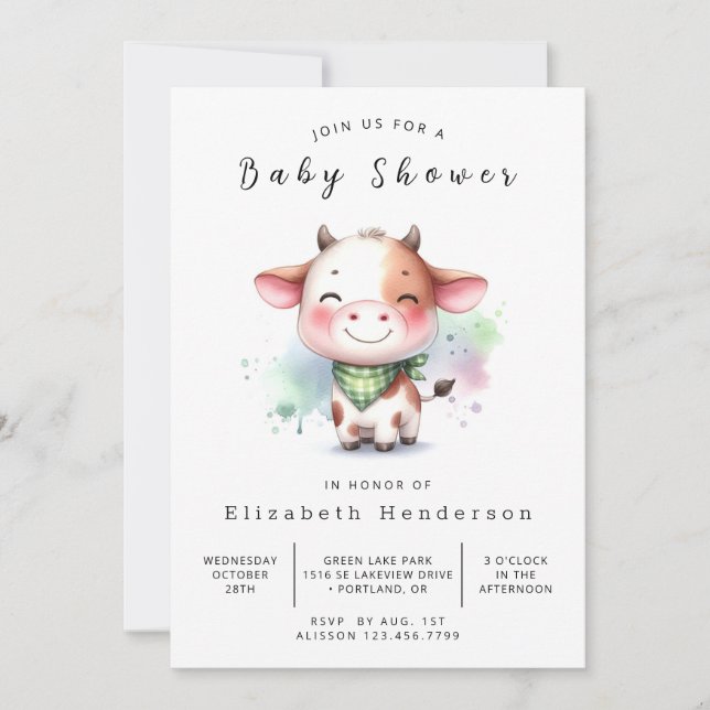 Whimsical Barn Cow Baby Dusche Einladung (Vorderseite)