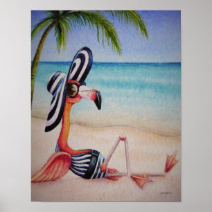 Whimsical Beach Babe Flamingo 1 Wasserfarbe 11x14 Poster