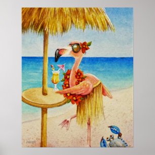 Whimsical Beach Babe Flamingo 4 Wasserfarbe 16x20 Poster
