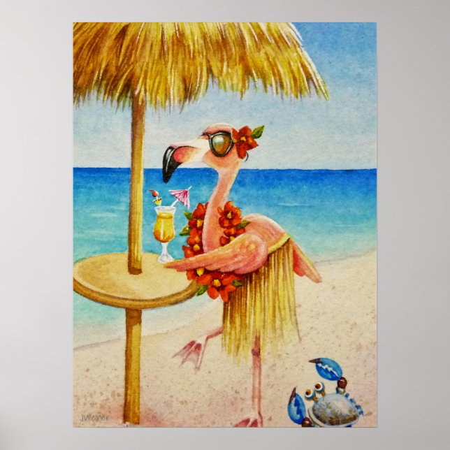 Whimsical Beach Babe Flamingo 4 Wasserfarbe 18x24 Poster (Vorne)