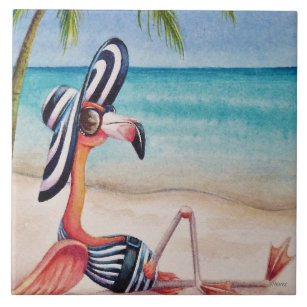 Whimsical Beach Babe Flamingo No. 1 Wasserfarbe Ku Fliese