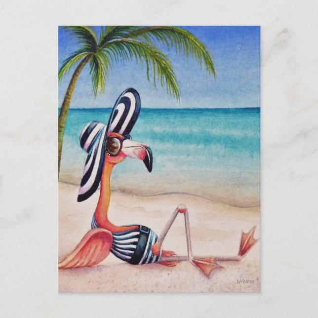 Whimsical Beach Babe Flamingo No. 1 Wasserfarbe Ku Postkarte (Vorderseite)