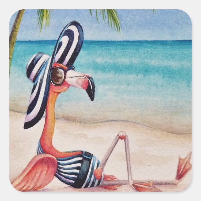 Whimsical Beach Babe Flamingo No. 1 Wasserfarbe Ku Quadratischer Aufkleber (Vorderseite)