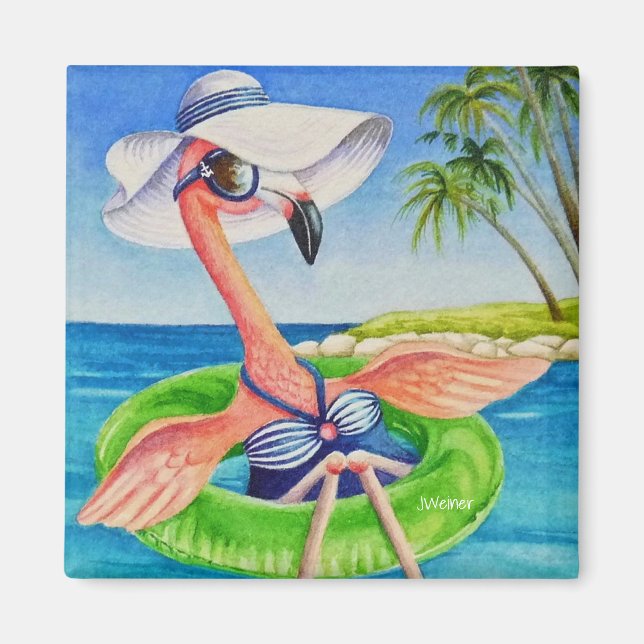 Whimsical Beach Babe Pink Flamingo Nr. 3 Magnet (Vorne)