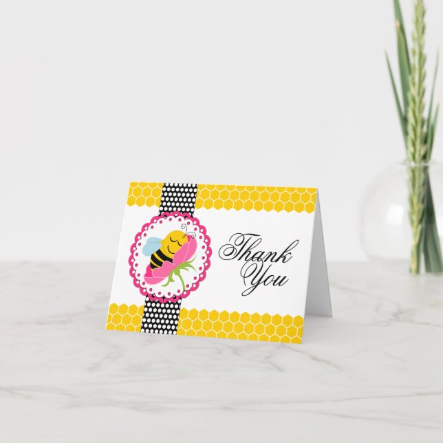 Whimsical Bee Baby Dusche Pink Blume Vielen Dank Dankeskarte (Vorderseite)
