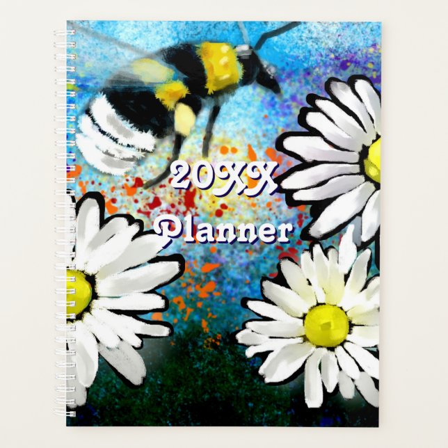 Whimsical Bee Daisies Daisy Blume Blue White Planer (Vorderseite)