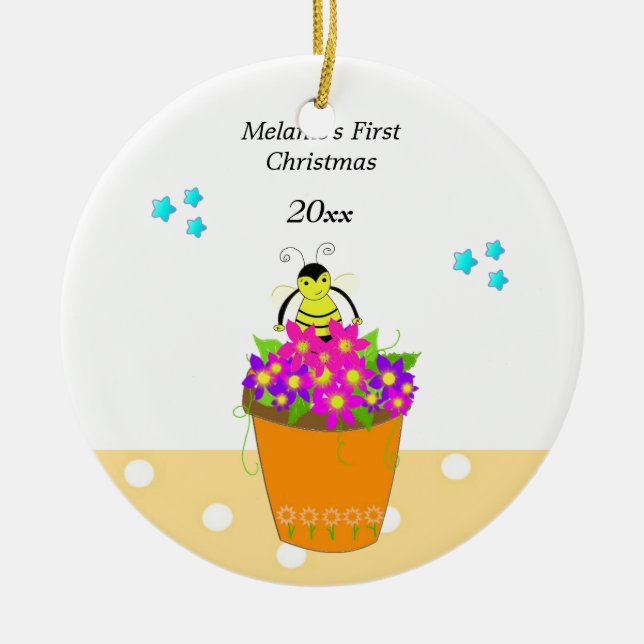 Whimsical Bee Flower Pot Baby's First Christmas Keramik Ornament (Vorne)