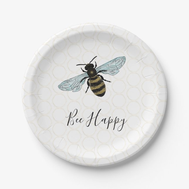 Whimsical Bee Happy Gold Honeycomb Pappteller (Vorderseite)