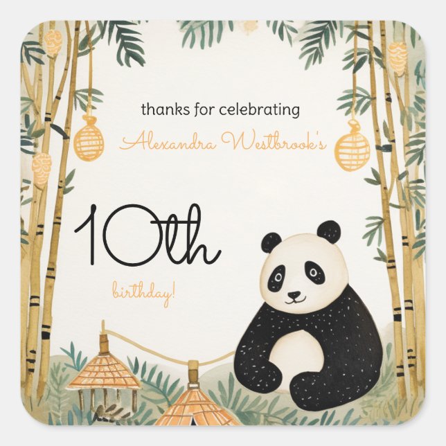 Whimsical Beige Bamboo und Panda Birthday Party Quadratischer Aufkleber (Vorderseite)