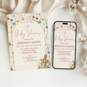Whimsical Beige Wildflower Häschen Baby Shower  Einladung