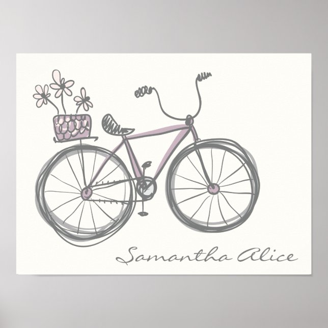 Whimsical Bicycle Illustration Lavender Graue Name Poster (Vorne)