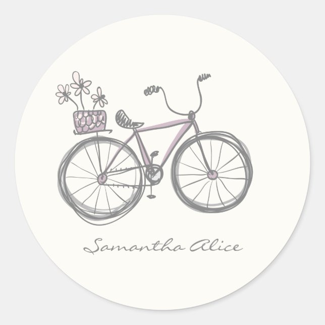Whimsical Bicycle Illustration Lilac Gray Custom Runder Aufkleber (Vorderseite)