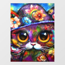 Whimsical Big-Eye Kat Kitty mit Hut Floral Fensteraufkleber