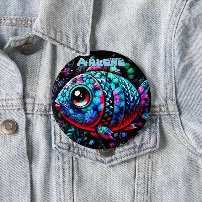 Whimsical Big-Eyed Fish Nautical Personalized Button (Beispiel)