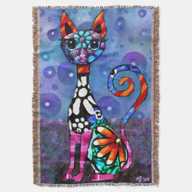 Whimsical Big-Eyed Funky Abstract Kitty Cat Decke (Vorderseite Vertikal)