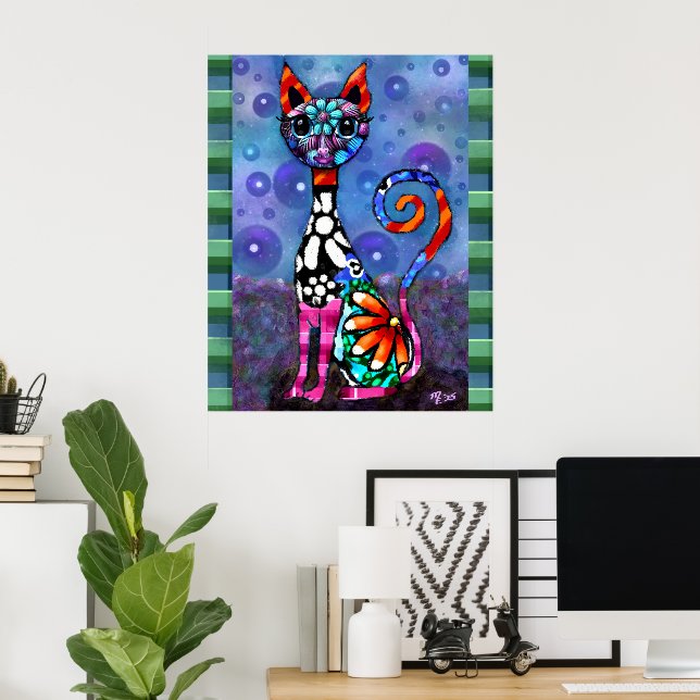 Whimsical Big-Eyed Funky Kitty Cat Abstract Poster (Heimbüro)