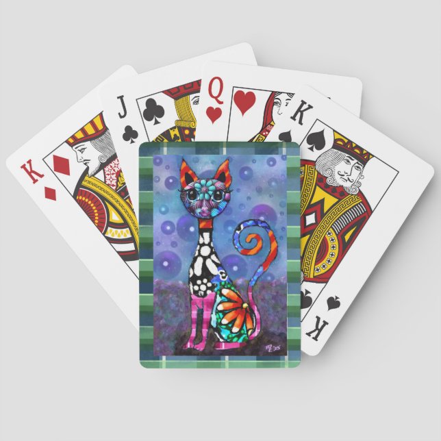 Whimsical Big-Eyed Funky Kitty Cat Abstract Spielkarten (Rückseite)