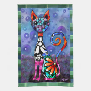 Whimsical Big-Eyed Funky Kitty Katze Abstract Geschirrtuch