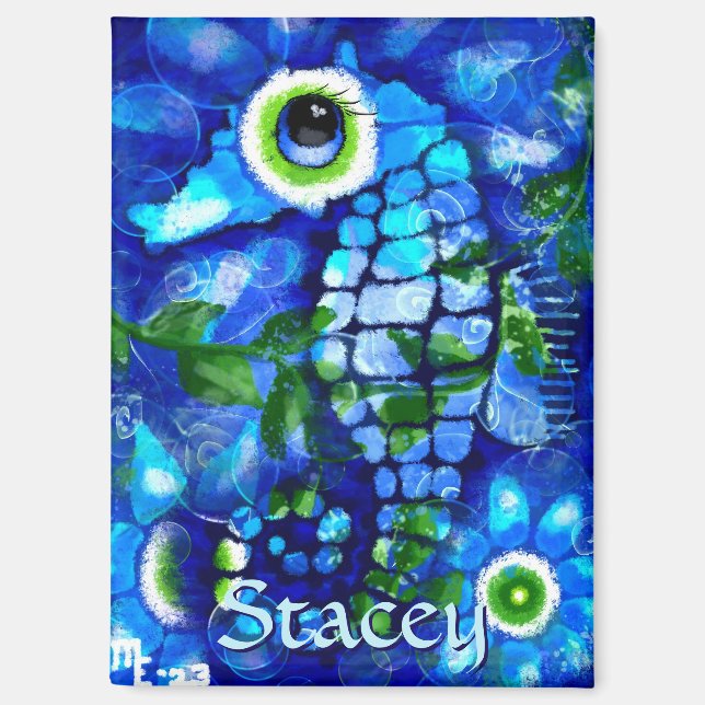 Whimsical Big-Eyes Seahorse Art Blue Personalized Magnet (Vorderseite)