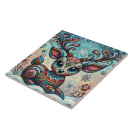 Whimsical Big Eyes Weihnachts Rentier Folklorekuns Fliese