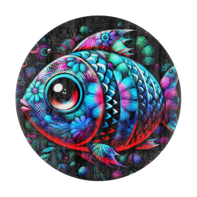 Whimsical Big-Mit Augen Floral Fisch Nautic Aquama Schneidebrett (Vorderseite)