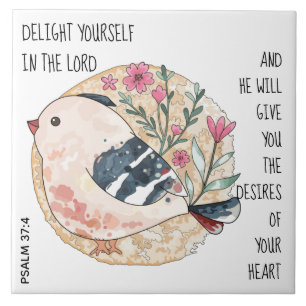 Whimsical bird & Blume, mit Verse aus Psalm 37:4 Fliese