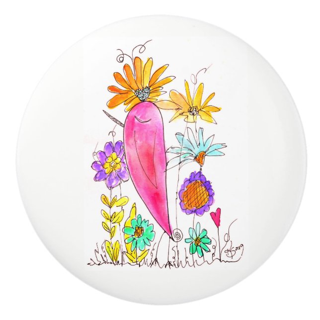 Whimsical Bird Blume und Herzklopfen Keramikknauf (Vorderseite)
