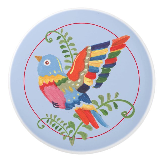 Whimsical Bird farbenfrohe Folk Rustikales Retro B Keramikknauf (Vorderseite)