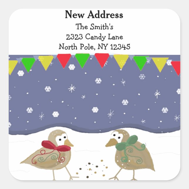 Whimsical Birds New Address Quadratischer Aufkleber (Vorderseite)