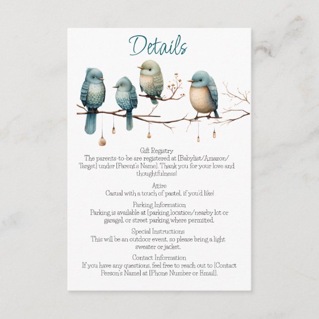 Whimsical Birds on Branches Pastel Baby Shower Begleitkarte (Vorderseite)