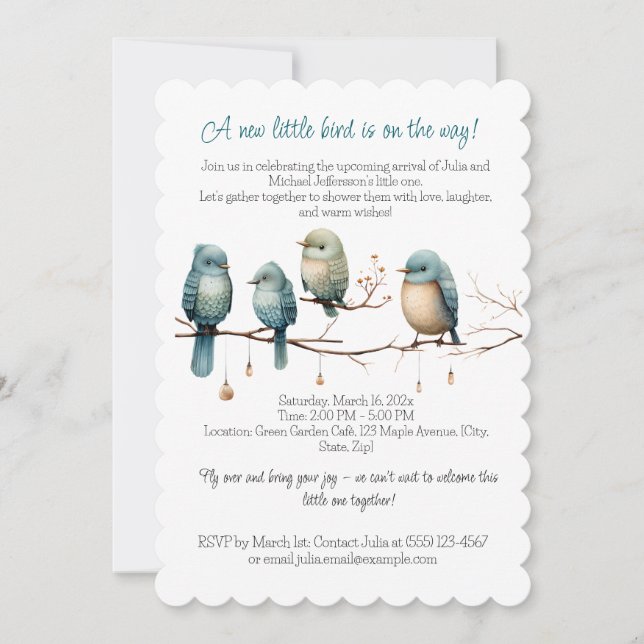 Whimsical Birds on Branches Pastel Baby Shower Einladung (Vorderseite)