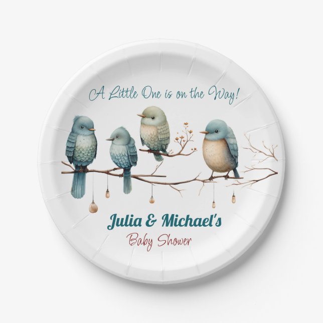 Whimsical Birds on Branches Pastel Baby Shower Pappteller (Vorderseite)