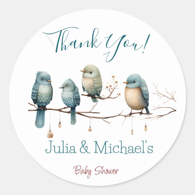 Whimsical Birds on Branches Pastel Baby Shower Runder Aufkleber (Vorderseite)