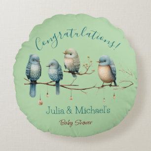 Whimsical Birds on Branches Pastel Baby Shower Rundes Kissen