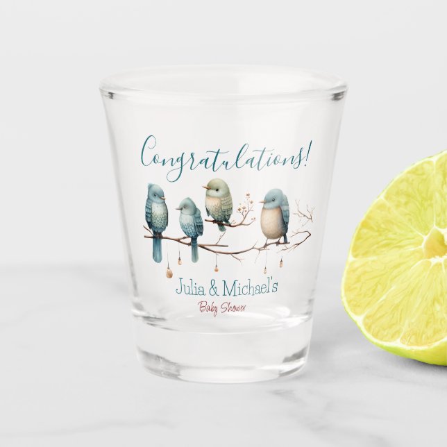 Whimsical Birds on Branches Pastel Baby Shower Schnapsglas (Vorderseite)