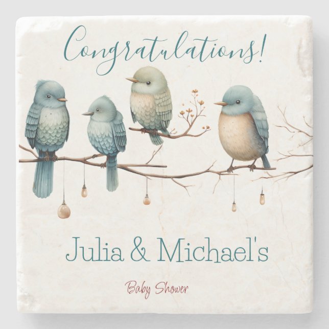Whimsical Birds on Branches Pastel Baby Shower Steinuntersetzer (Vorderseite)