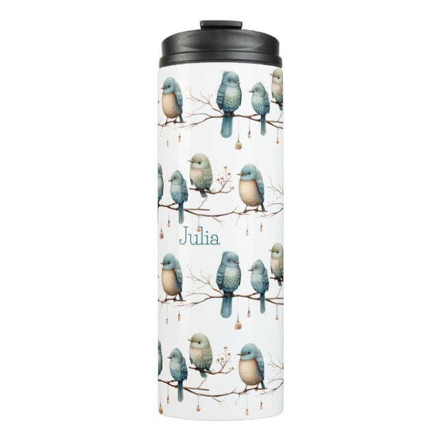 Whimsical Birds on Branches Zeitlose Eleganz Thermosbecher (Vorderseite)