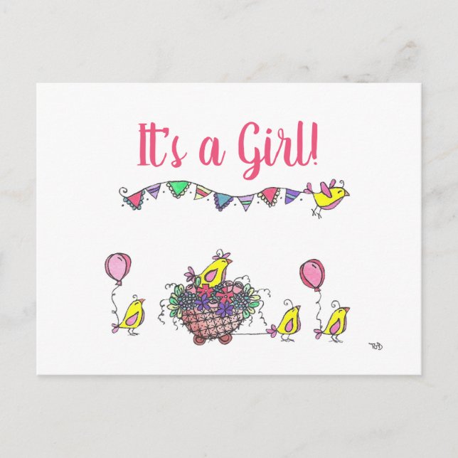Whimsical Birds on Parade Virtual Baby Card Dusche Postkarte (Vorderseite)