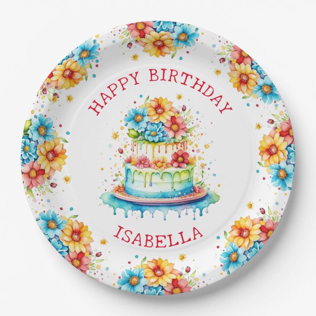 Whimsical Birthday Cake Illustration Personalisier Pappteller (Vorderseite)