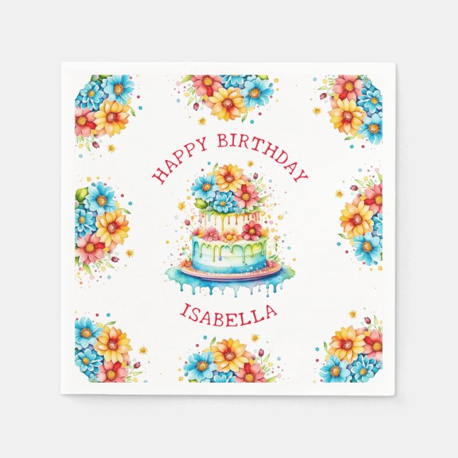 Whimsical Birthday Cake Illustration Personalisier Serviette (Vorderseite)
