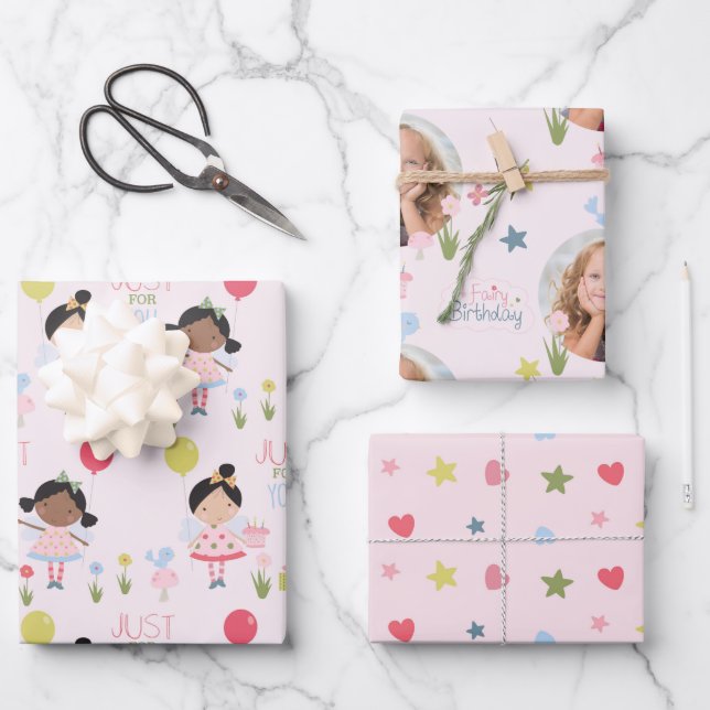 Whimsical Birthday Fee rosa personalisiert Wrappin Geschenkpapier Set (Vorderseite)