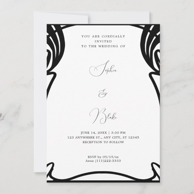 Whimsical Black and White Art Deco Hochzeit Einladung (Vorderseite)