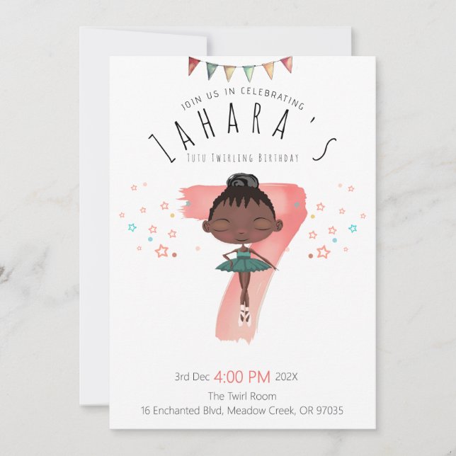 Whimsical Black Ballerina 7. Geburtstag Einladung (Vorderseite)