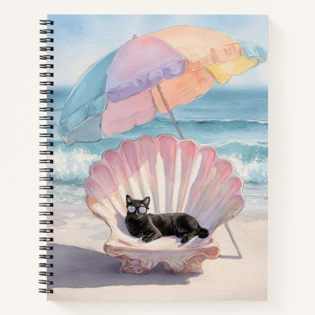 Whimsical Black Cat Beach Notebook Notizbuch (Vorderseite)