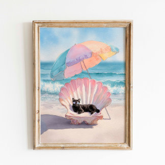 Whimsical Black Cat Beach Print: Seashell Chair Poster